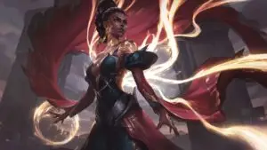 Arte oficial de Mel em League of Legends mostrando suas habilidades