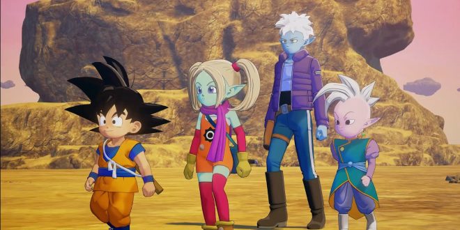 Goku em forma miniatura com bastão mágico no trailer do DLC Daima