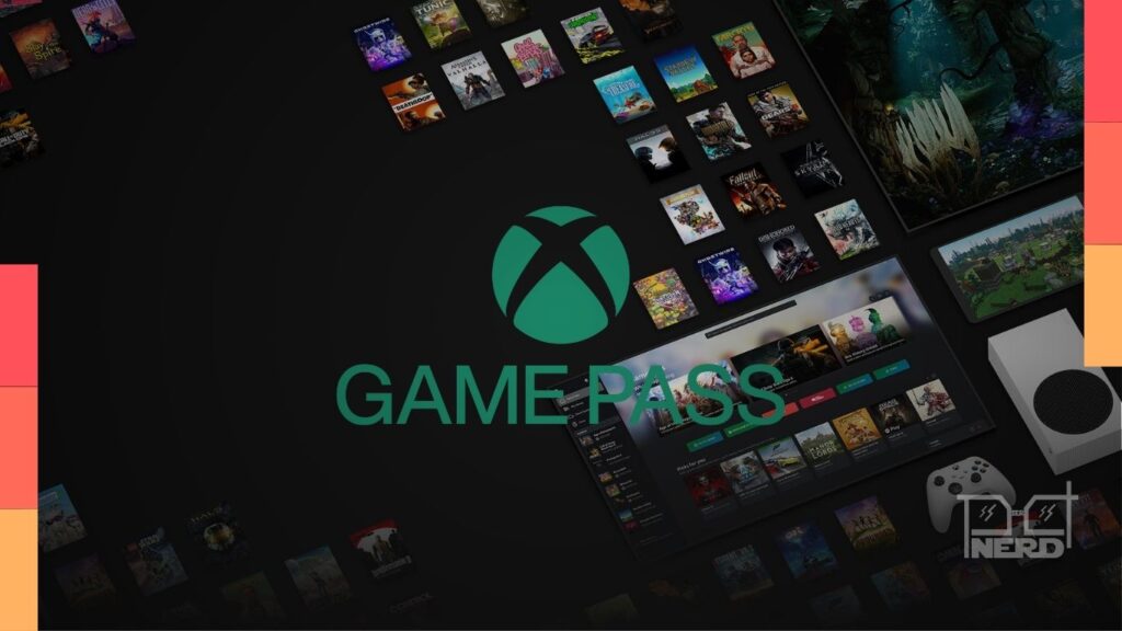 Controle de videogame sobre fundo verde com o logo do Game Pass em destaque fazendo alusão em um herói ou vilão