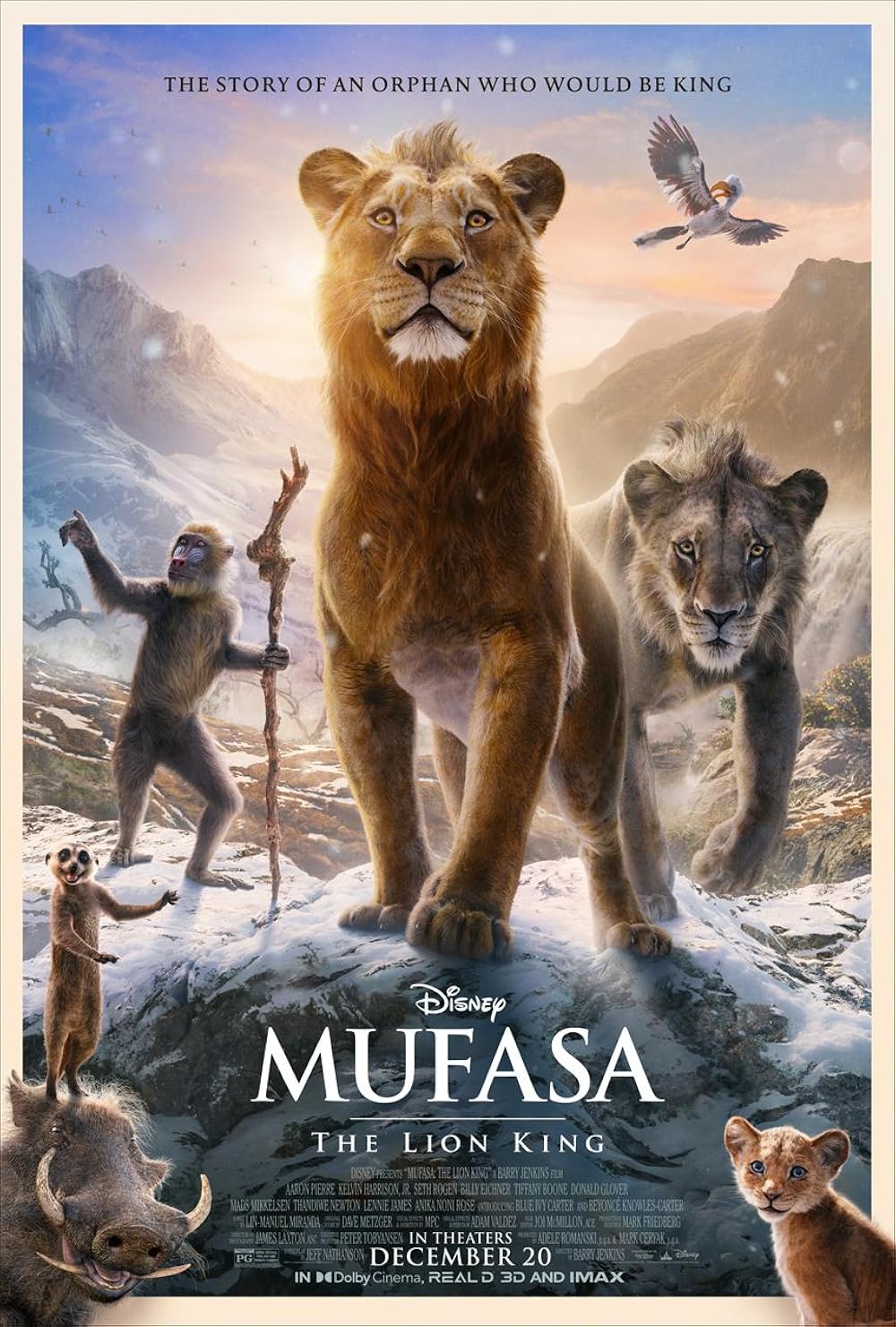 Cena de Mufasa: O Rei Leão com o protagonista e Taka em um momento dramático na savana.