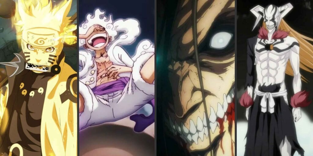 Transformações icônicas de personagens de anime como Luffy, Naruto e Eren