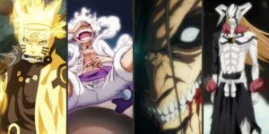 Transformações icônicas de personagens de anime como Luffy, Naruto e Eren