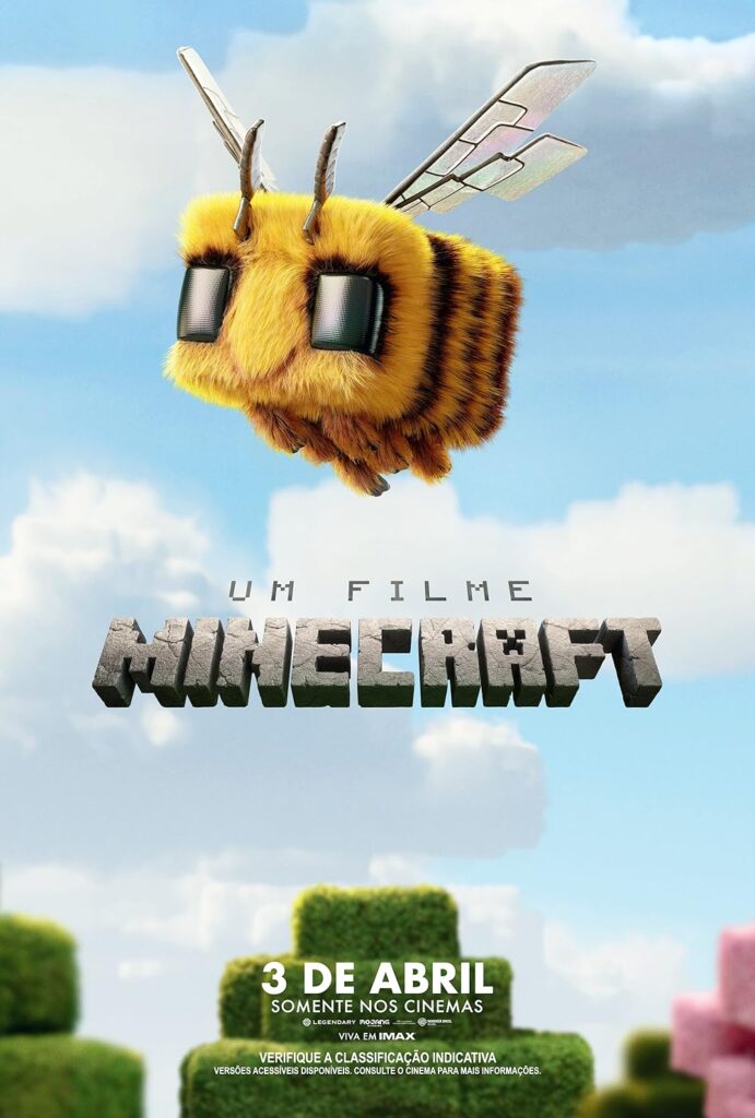 Cena do filme Minecraft com Jack Black e Jason Momoa em ação no universo pixelado