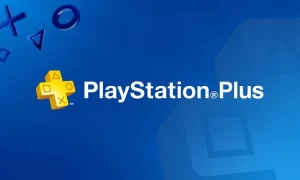 Controle de PS5 ao lado de tela com logo do PlayStation Plus e sinal de aumento