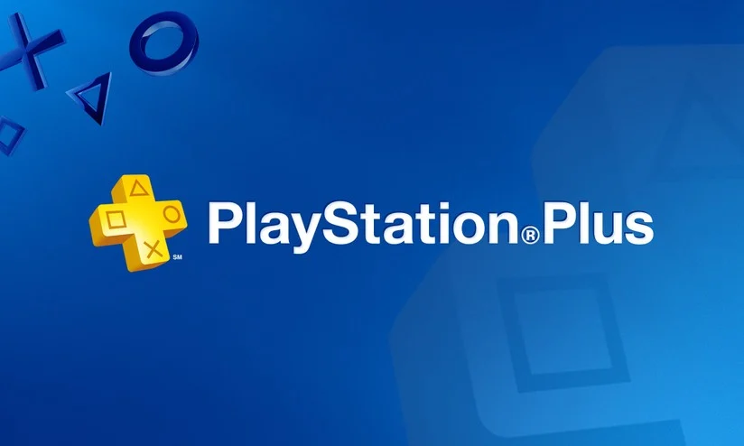 Controle de PS5 ao lado de tela com logo do PlayStation Plus e sinal de aumento