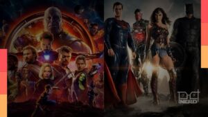 James Gunn entre os logos da DC e Marvel, simbolizando união