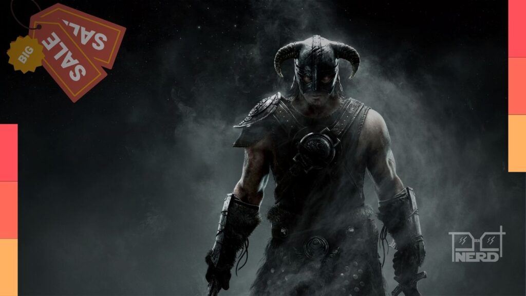 Capa do jogo Skyrim com destaque para promoção de 75% de desconto