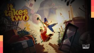 Captura de tela do jogo It Takes Two, mostrando personagens em um cenário colorido.