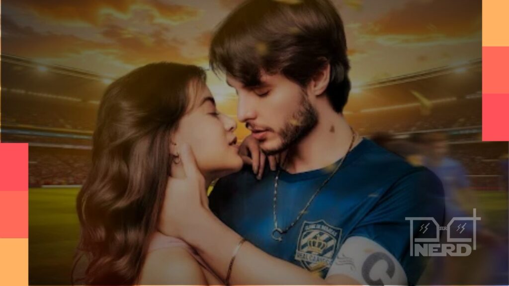 Anna Rita Cerqueira e Bruno Guedes em cena romântica de De Volta ao Jogo com ícones do TikTok e ReelShort ao fundo