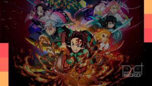 Tanjiro Kamado desferindo um golpe com sua espada Nichirin numa batalha dinâmica em cel-shading no jogo Demon Slayer: The Hinokami Chronicles 2