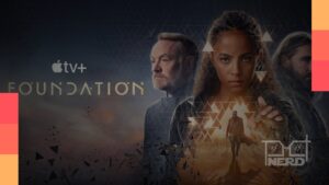 Pôster da série Foundation exibindo cenário espacial e personagens principais, destacando seu topo no ranking global de julho na Apple TV+