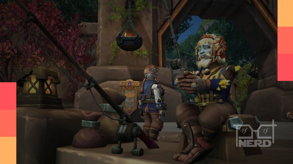 Personagem de World of Warcraft pescando em um lago de Azeroth com varinha de pesca, destacando seu PC fraco e planilhas de monitoramento