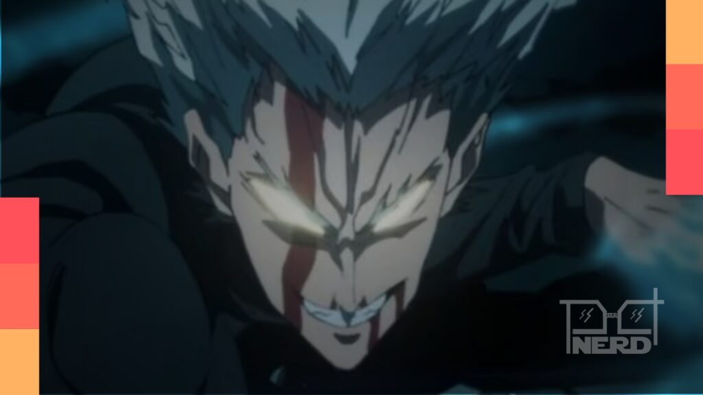 Garou em pose imponente com olhos penetrantes, fundo avermelhado, relâmpagos e rachaduras no chão, pôster da One Punch Man 3ª temporada