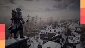 Capa de Assassin’s Creed 3 com protagonista em paisagem nevada, simbolizando as missões extras e elementos de RPG adicionados pela Ubisoft para prolongar a gameplay