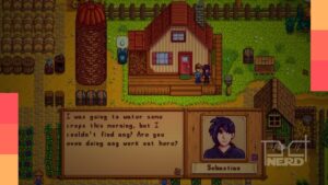 Diálogo de Stardew Valley mostrando o pequeno círculo amarelo ao lado do retrato do NPC indicando o nível de amizade