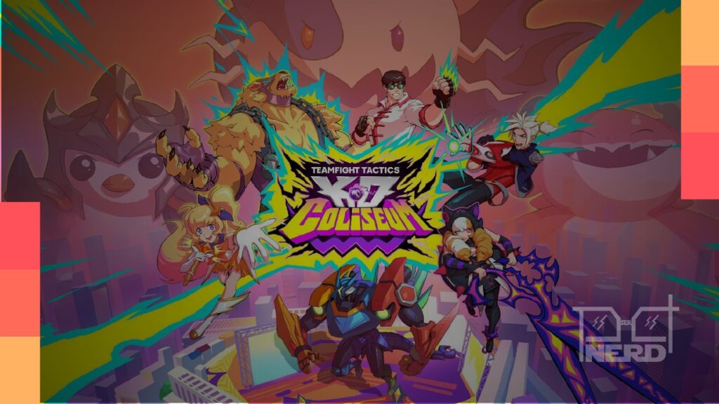 Campeões de Teamfight Tactics em arena de coliseu com visual de anime, poritos de poder e efeitos dramáticos