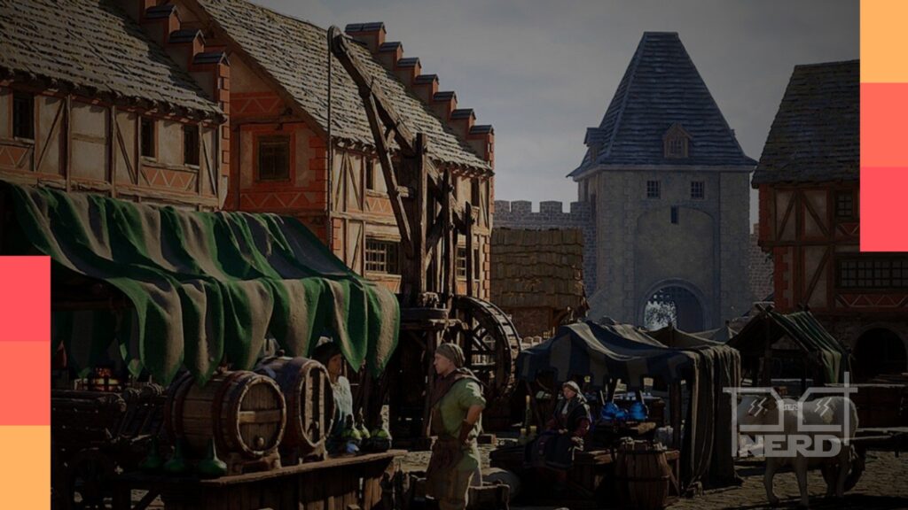 Visão aérea de uma cidade medieval detalhada em The Guild: Europa 1410, city builder da THQ Nordic, com muralhas, castelo e áreas comerciais vibrantes