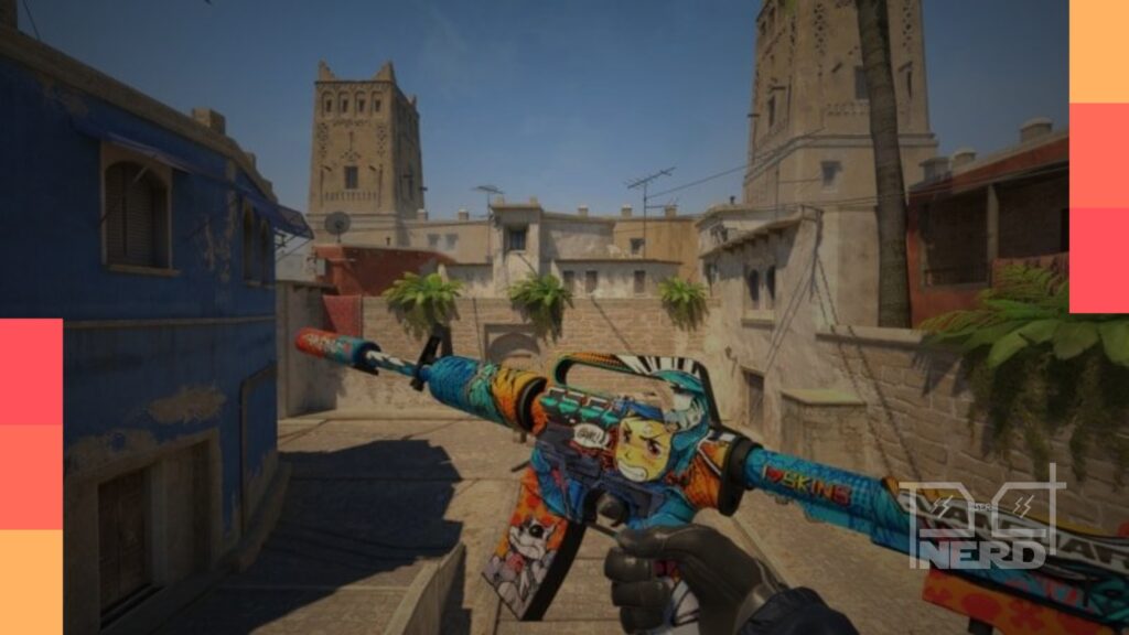 Thumbnail exibindo cinco armas do CS2 com skins de anime em estilo neon e traços de mangá