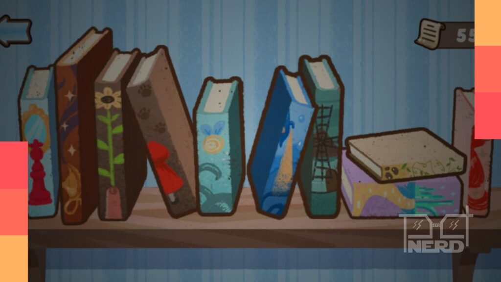 Personagem Rute com asas voando entre páginas de romances clássicos em estilo minimalista