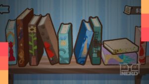 Personagem Rute com asas voando entre páginas de romances clássicos em estilo minimalista