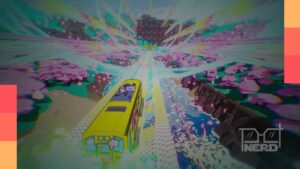 Cena de gameplay de Denshattack! com manobra de trem