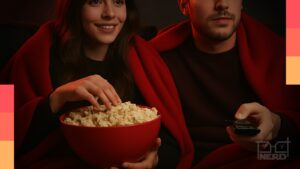 Tela de TV exibindo ranking dos filmes e séries em alta da Netflix com pipoca ao lado