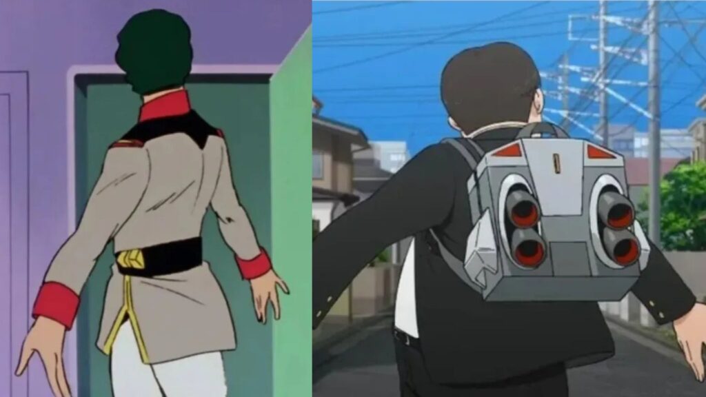 Comparação de cenas entre os animes Gudam e Dandadan notadas em formato de easter-egg