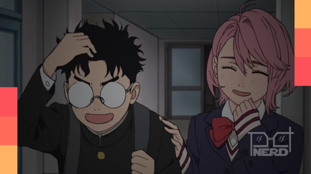 Mochila com referência a Gundam e pose clássica de Bright Noa em Dandadan