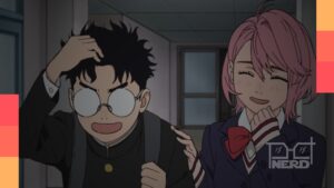 Mochila com referência a Gundam e pose clássica de Bright Noa em Dandadan