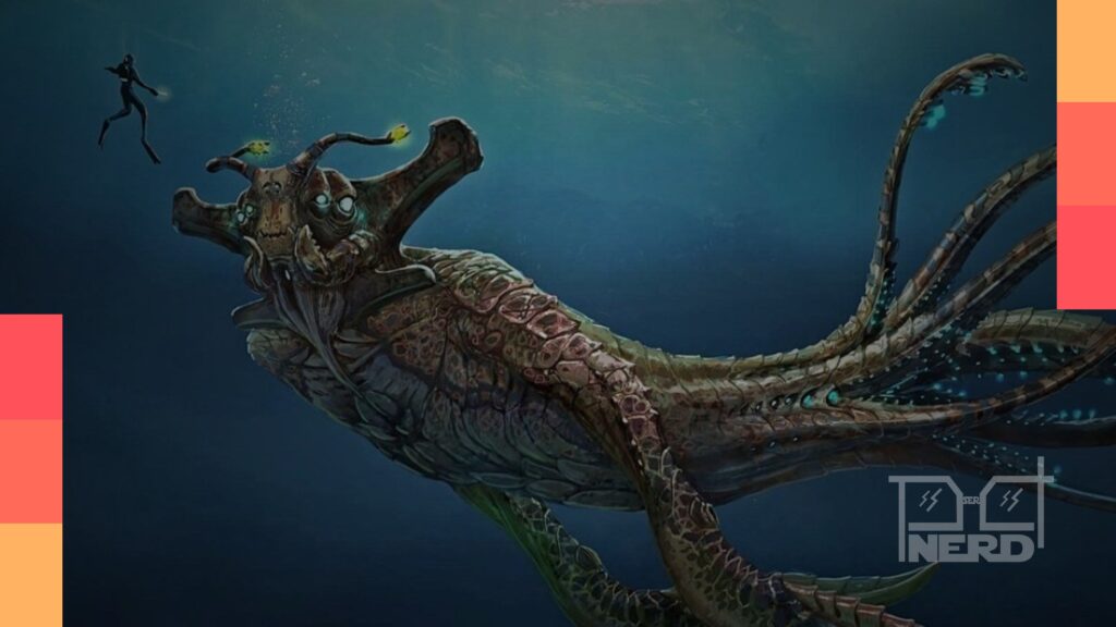 Gráfico conceitual de Subnautica 2 com ambiente subaquático refletindo seu topo na lista de desejos da Steam