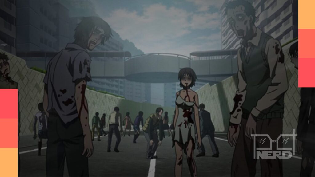 Cenas do anime Highschool of the Dead com zumbis.