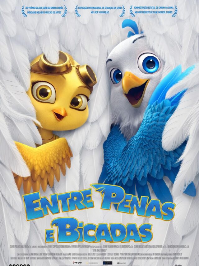 Cena colorida do filme Entre Penas e Bicadas, mostrando os personagens principais em uma aventura divertida e vibrante.