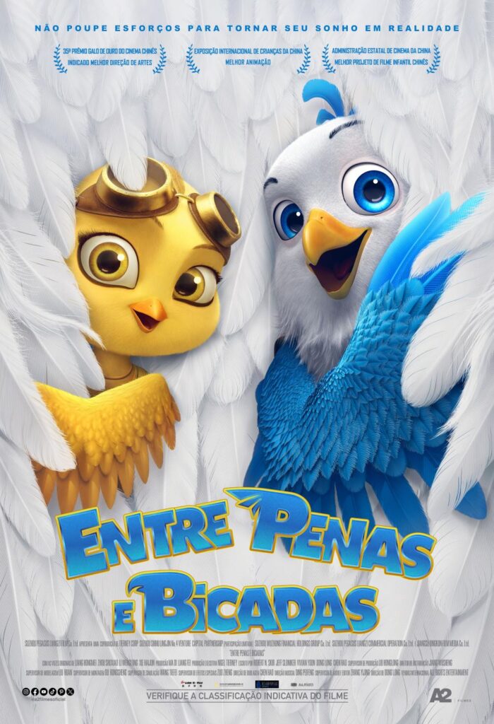 Cena colorida do filme Entre Penas e Bicadas, mostrando os personagens principais em uma aventura divertida e vibrante.