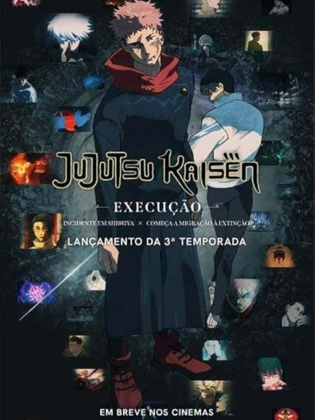 Yuji Itadori e Yuta Okkotsu em destaque no pôster do filme Jujutsu Kaisen Execução, com fundo representando o caos de Shibuya.