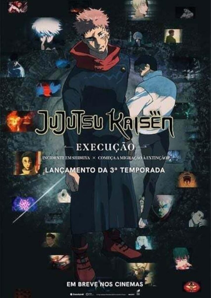 Yuji Itadori e Yuta Okkotsu em destaque no pôster do filme Jujutsu Kaisen Execução, com fundo representando o caos de Shibuya.