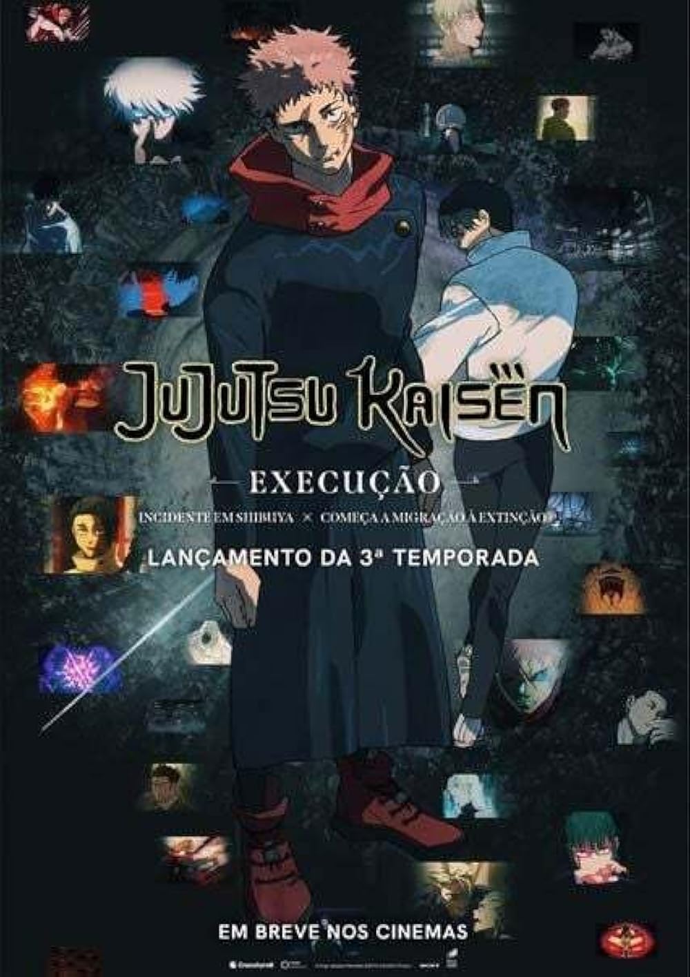 Yuji Itadori e Yuta Okkotsu em destaque no pôster do filme Jujutsu Kaisen Execução, com fundo representando o caos de Shibuya.