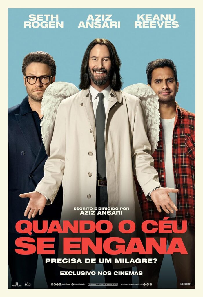 Keanu Reeves, Aziz Ansari e Seth Rogen em cena de Quando o Céu se Engana, comédia leve e reflexiva sobre propósito e empatia.