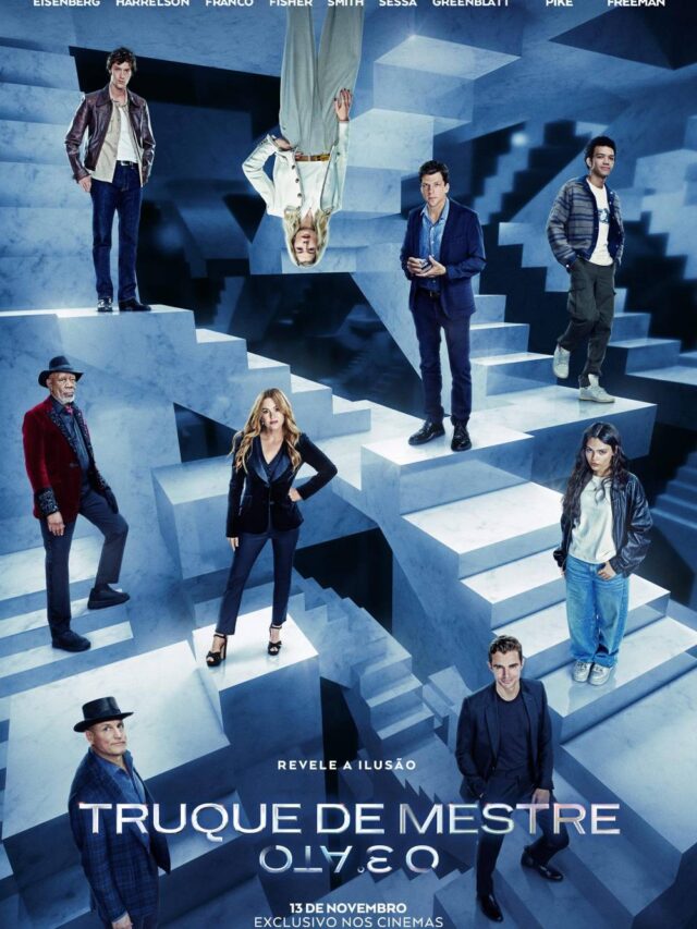 Justice Smith, Jesse Eisenberg e elenco em cena de Truque de Mestre – 3º Ato, que une gerações em uma nova guerra de ilusões.