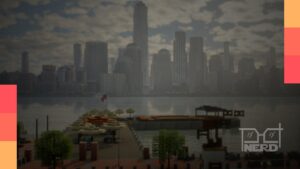 Reprodução da skyline de Nova York feita em blocos no Minecraft com arranha-céus e Estátua da Liberdade