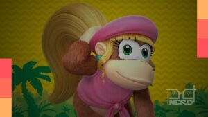 Dixie Kong pulando em Donkey Kong Country Returns HD com cenário tropical ao fundo