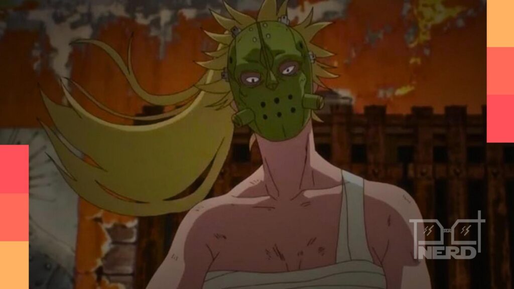 Caiman com cabeça de lagarto e Nikaido em cenário urbano sombrio de Dorohedoro, com estilo sujo e cores saturadas