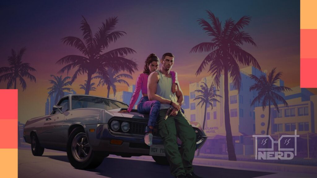 Logotipo de GTA 6 sobre fundo escuro com controle de videogame