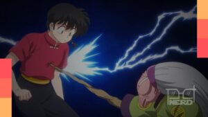 Pôster promocional do remake de Ranma ½ com Ranma, Akane e P-chan sobre uma televisão antiga