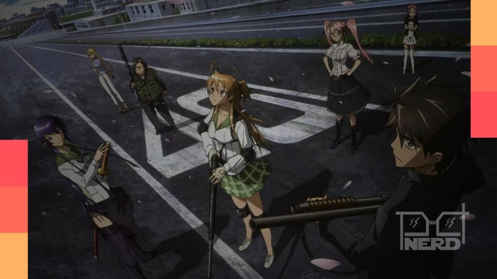 Ilustração de animes com placas de cancelamento e personagens em destaque