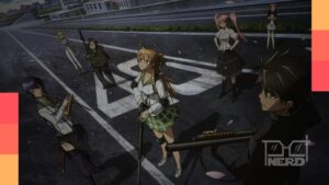 Ilustração de animes com placas de cancelamento e personagens em destaque