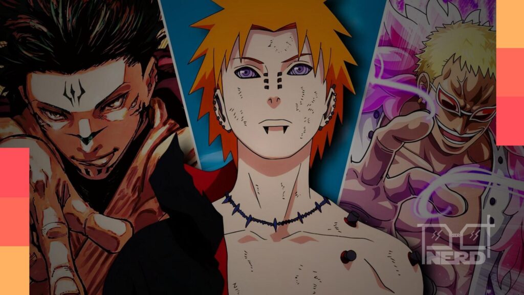 Ilustração com sete vilões de anime ranqueados que superam Pain: Frieza, Sukuna, Meruem, Dio, Madara, Kaido e Doflamingo