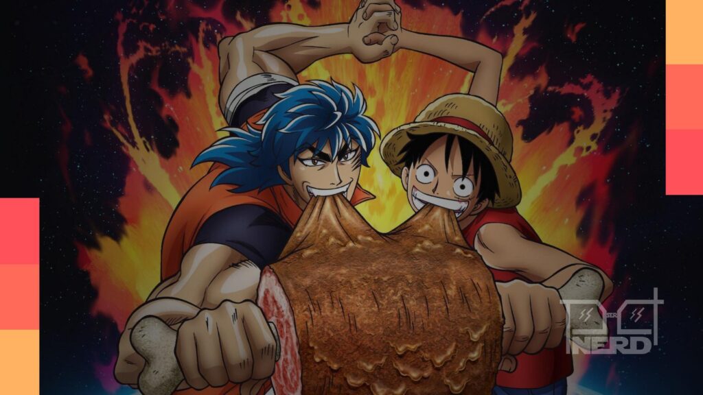 Ilustração com elementos de animes de aventura comparados ao estilo de One Piece