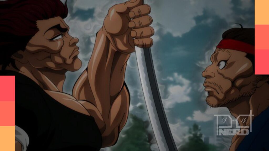 Ilustração temática de Baki-Dou com clima de luta e anúncio da 2ª parte pela Netflix