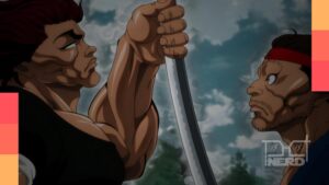 Ilustração temática de Baki-Dou com clima de luta e anúncio da 2ª parte pela Netflix