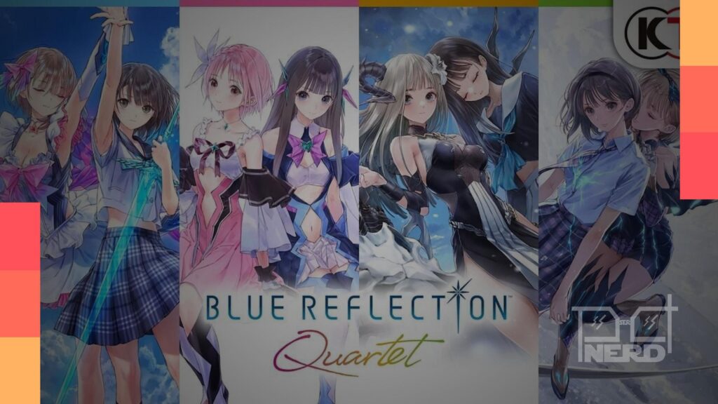 Imagem de divulgação de Blue Reflection Quartet com personagens da franquia e atmosfera azul